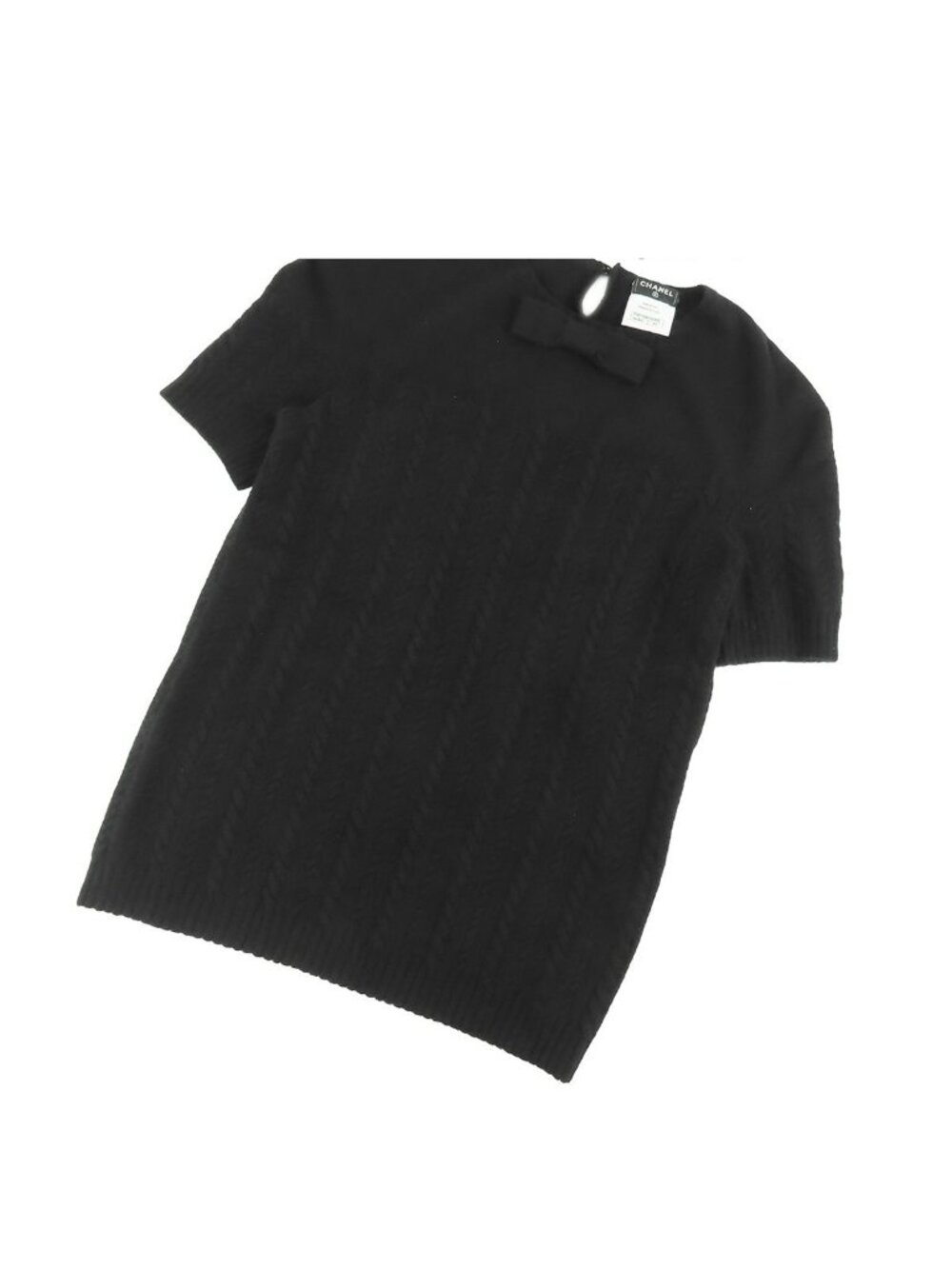 Chanel Knit Black Cashmere Silk Short Sleeve Ribbon Top Sweater 42